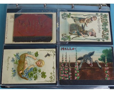 An album of approximately 90 Victorian greetings cards, greetings postcards, etc, including a Wiggle-Woggle card, an 1887 "Ri