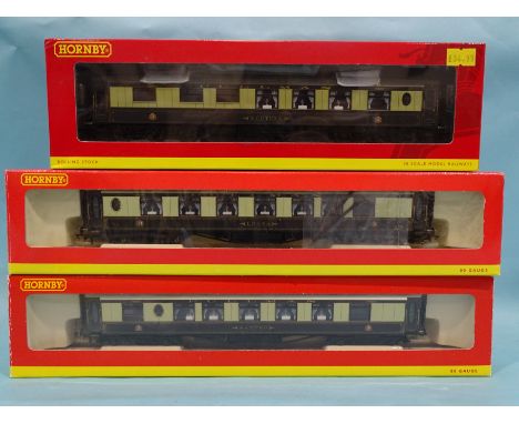 Hornby OO gauge, three boxed Pullman coaches with lighting: R4143 "Leona", R4145A "Sapho" and R4420 "Neptune", (3). 