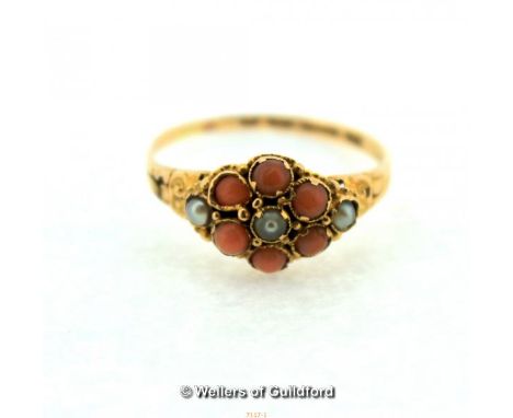 *15ct yellow gold, pearl and coral Victorian ring, ring size T, full hallmark 1.9g   (Lot subject to VAT)