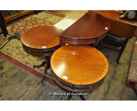 A pair of reproduction drum tables, 49cm diameter, a small oak dropleaf table and a reproduction console table