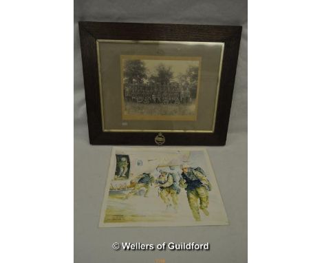 *WWI Royal Army medical Corps platoon photograph, framed; together with watercolour of Operation Desert Shield by Luther Gorf