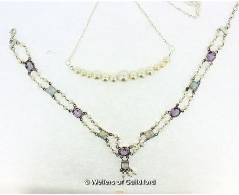 *Pearl Bar Silver necklace and Pearl Amethyst Moonstone Choker Necklace 30.9g (Lot subject to VAT)