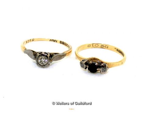 Two 18ct Yellow Gold Rings, Old Cut Diamond Solitaire Ring (ring size -N) and a Three stone Sapphire and Diamond Ring (ring s