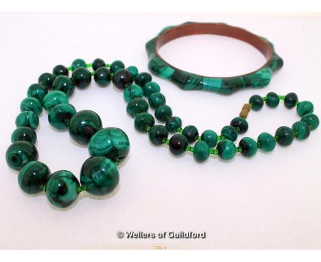 Malachite Bangle and Malachite beaded necklace, length of necklace measures 21inches