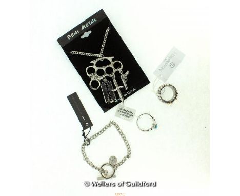 *Stainless steel ring; Peacock Quartz solitaire ring-SIZE O-1ct with Platinum; Marc Jacobs T-bar bracelet and another pendant