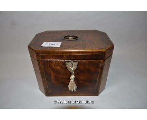 *Georgian crossbanded and boxwood strung mahogany tea caddy with canted corners , c. 1780, 13.5cm.  (Lot Subject to VAT)