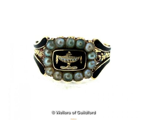 *Victorian Pearl Mourning ring, black enamel tests as 9ct Yellow Gold,Ring size-P 4.6g (Lot subject to VAT)