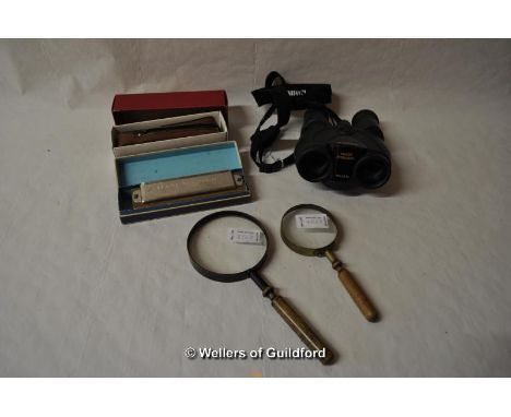 Canon image stabilizer 10 x 30 binoculars; small modern 25 x 30mm telescope, boxed; Bandmaster Chromatic harmonica, boxed; tw