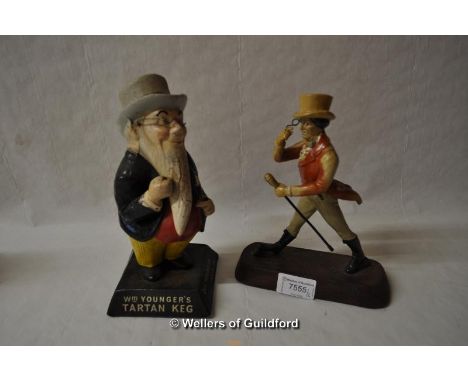 A Johnnie Walker Scotch Whisky celluloid adverting figure on wooden stand, 20.5cm tall; William Younger's Tartan Keg advertis