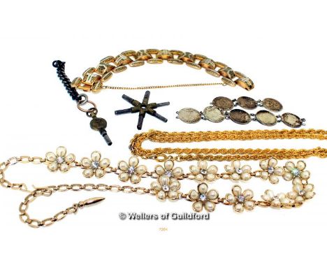 An assortment of costume Jewellery, including Enamel chunky chain Bracelet, Gold plated chain necklaces,Pearl Flower necklace