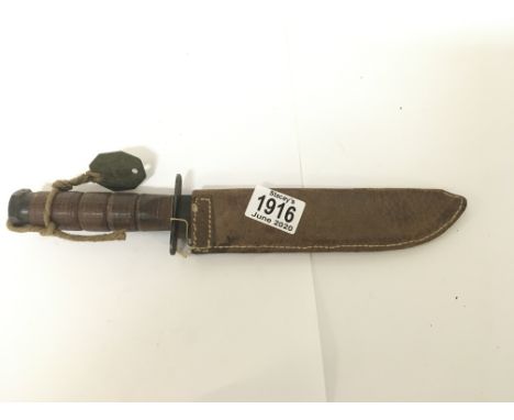 American M1 Fighting Knife in home made scabbard , with British users identity tag tied to grip