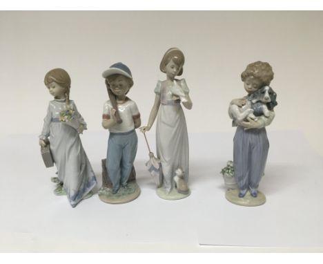 Four Lladro figures. One in the form of a girl holding flower. One in the form of a boy in baseball outfit. One in the form o