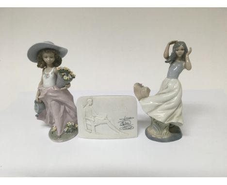Two Lladro figures in the form of ladies one holding flowers and one loosing her hat in wind. And a Lladro plaque. Approx hei