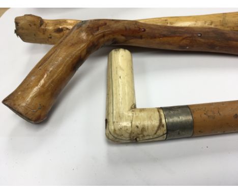 An Early 20th century ivory handled walking stick and two other rustic walking sticks.