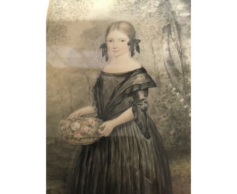 An Early 19th century watercolour a portrait of a young girl holding a basket of flowers. Unsigned Prov Linden House Gallery 