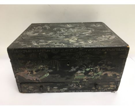 A mother of pearl box with fitted interior and decorated with Oriental landscape scenes, approx 36cm x 18.5cm x 29.5cm.