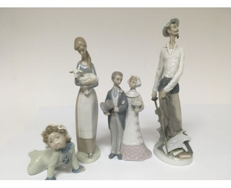 Four Lladro figures. One in the form of a lady holding a Lamb. One in the form of a married couple.one in the form of a young