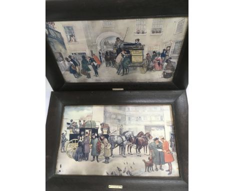Three framed early 20th Century coaching prints and two oval portrait pints (5).