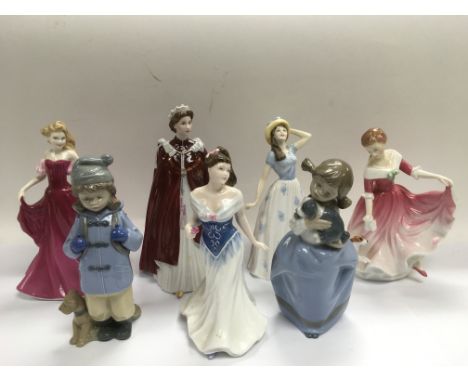 Seven ceramic figures comprising Doulton, Worcester and Nao examples.