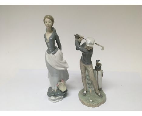 Two Lladro figures. One in the form of a golfer and one in the form of a lady. Both appear to be in excellent condition with 