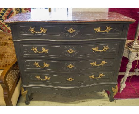 COMMODE, late 19th century French, of serpentine form, the red marble top over four carved and later painted drawers with gil