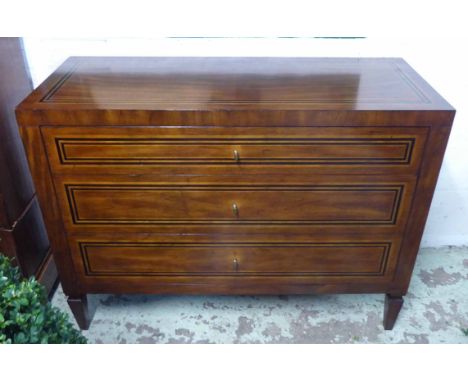 COMMODE, by Lillian August, Italian style fruitwood with inlaid detail, having three long drawers, 50cm D x 122cm W x 93cm H.