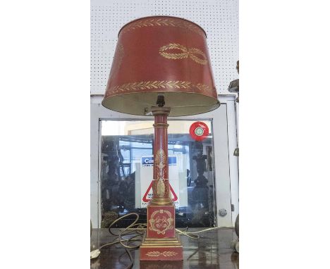 TABLE LAMP, red Toleware with metal shade and gilt decoration, 75cm H.