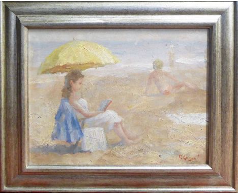 R. GIULIANI 'Girl Reading on a Beach', oil on canvas, signed lower right, 33cm x 43cm, framed.