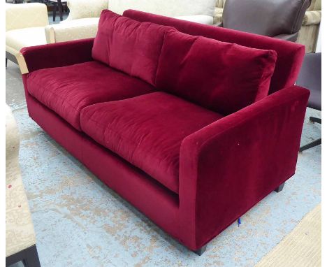 SOFA, burgundy velvet, of compact proportions, 170cm W x 80cm H x 85cm H. 