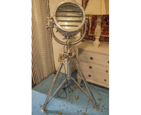 STUDIO LAMP, polished metal adjustable on tripod base, 152cm H.
