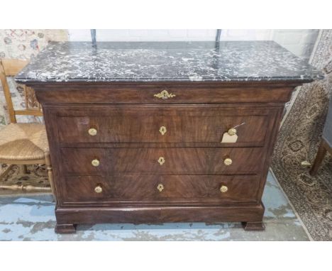 COMMODE, 19th century Louis Philippe, figured walnut and gilt metal mounted, with four long drawers, 128cm W x 58cm D x 96cm 