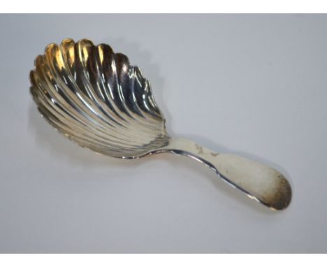 An early Victorian Scottish silver fiddle pattern caddy spoon, maker J. F., Glasgow 1838