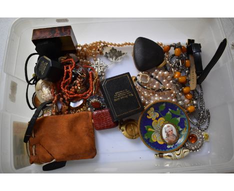 A collection of antique, vintage and later jewellery and other items including simulated pearls, brooches, wristwatches, anti