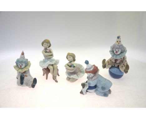 Five Lladro figures:  Tired Friend, 5812, 1990, 12.5 cm high;  Pierrot with Puppy & Ball, 5278, 1985, 12 cm high;  Having a B