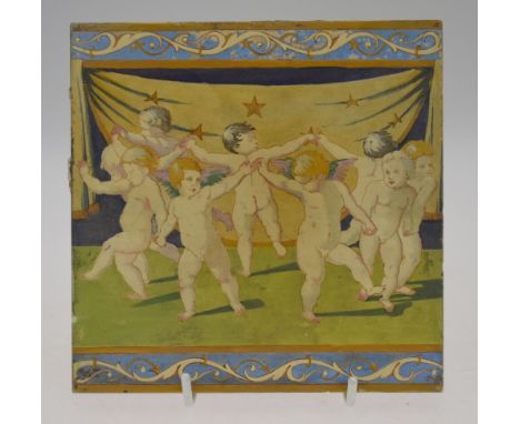 A 19th century Minton Collins &amp; Co tile painted with a ring of putti within a blue scrolling border to the top and base, 