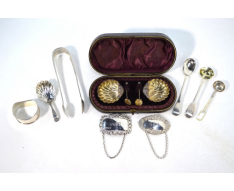 A late Victorian cased pair of parcel gilt silver shell salts, Mitchell Bosley &amp; Co., Birmingham 1896, c/w a companion pa