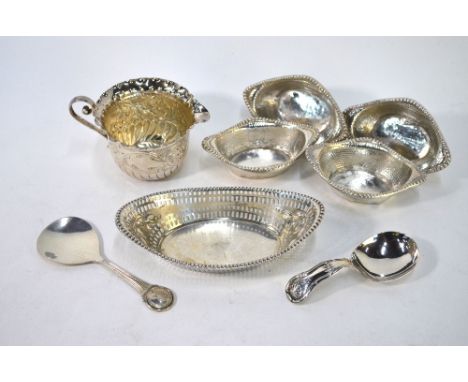 A set of four Chinese white metal pickle-dishes to/w an oval pierced silver bonbon dish, Sheffield 1916, a Victorian foliate-