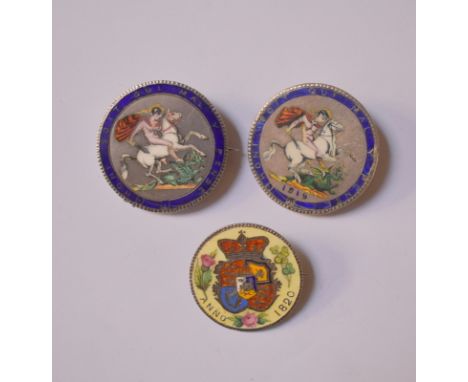 Three enamel set coins converted to brooches (3)Various chips, scratches etc to enamel, backs of coins worn.