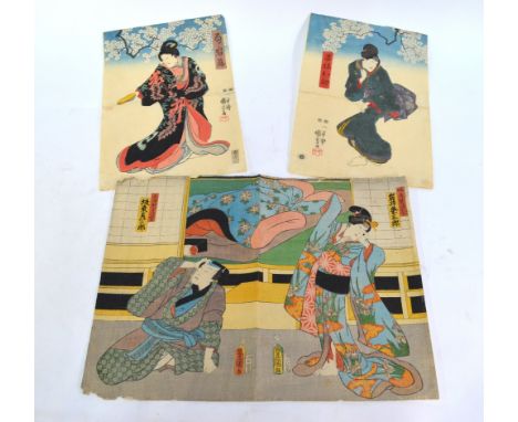 Utagawa Kuniyoshi (1797-1861), Japanese oban diptych, two Onnagata beneath sakura branches; together with another diptych, al