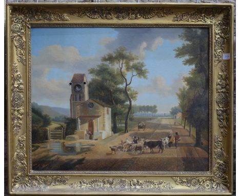 A 19th century French clock-painting with oil on canvas village view with figures and cattle beside a church, the tower inset