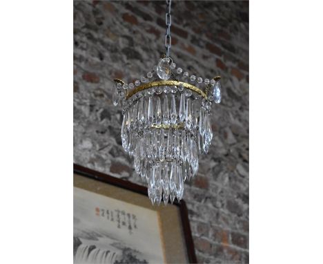 A vintage gilt metal framed circular three tier lustre hung ceiling light shade, approx. 40 cm h x 25 cm dia.