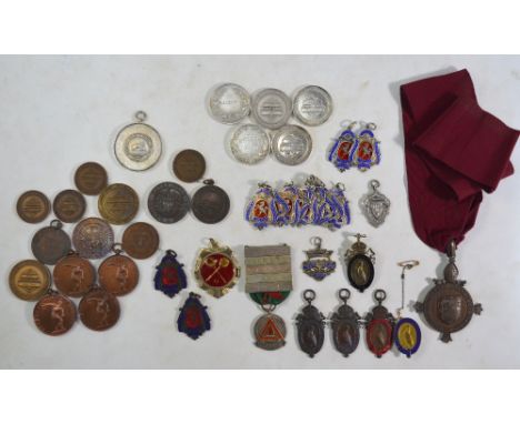 A collection of various silver and enamel prize medals, to/w base-metal examples, a copper Guildford Diocesan Lay Readers med