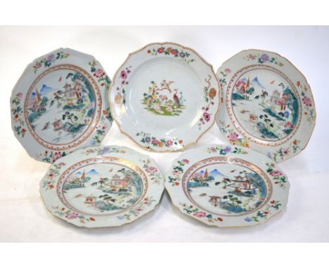 Five famille rose plates, including a set of four all decorated with a mountainous river landscape, 23 cm diameter; together 