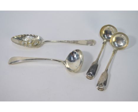 A pair of Victorian fiddle and shell toddy ladles, Lister &amp; Sons, Newcastle 1848, to/w a berry spoon of Georgian origin a