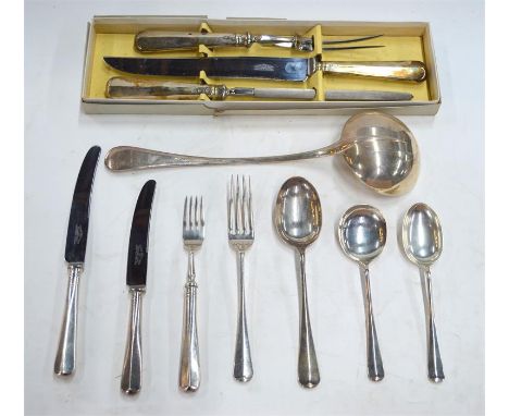 A set of Hanoverian rat-tail silver flatware and cutlery for six, comprising table forks, dessert spoons and forks, soup spoo