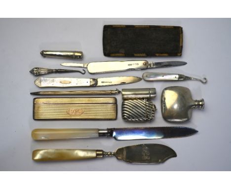 A small silver scent flask, Birmingham 1931, a vesta case, Birmingham 1897 and other oddments of silver, including cake knife