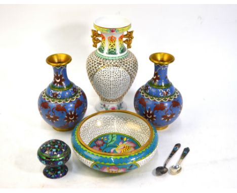 A small pair of Chinese cloisonne vases, 16 cm high; a cloisonne enamel brush washer of circular form, 16 cm diameter; a smal