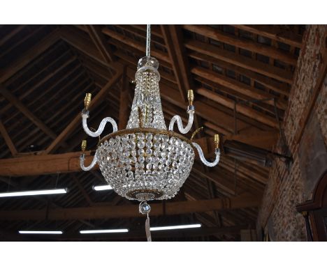 A vintage Harrods retailed gilt metal framed crystal/glass strung hanging electrolier, with five scroll arms, approx. 75 x 60