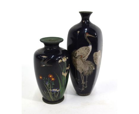 Two Japanese cloisonne enamel vases, comprising: one of hexagonal, tapering form decorated with four red-capped Manchurian ts