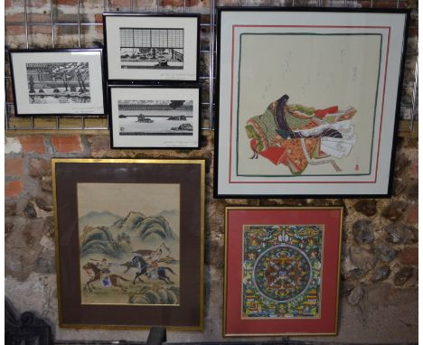 Six Asian pictures, comprising: a textile picture of a Heian lady courtier; a Himalayan Tantric Mandala; a picture of two hor